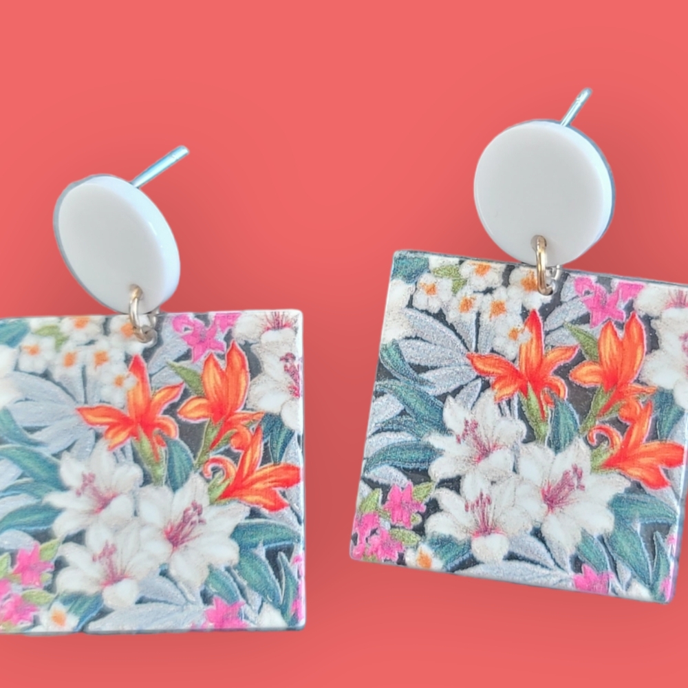 NEW Floral Square Earrings with White Studs